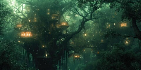 Wall Mural - A fantasy scene of a hidden elven city in an ancient forest, with magical treehouses and glowing lights. Resplendent.