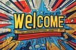 © Xyeppup - Pop art inspired illustration of a newspaper headline, bold colors and large text 'Welcome', impactful news moment captured