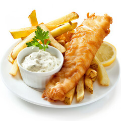 Poster - British fish and chips with tartar sauce isolated on a white background 