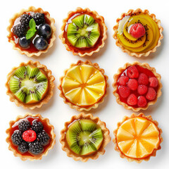 Canvas Print - An assortment of fruit tarts with shiny glaze, isolated on a white background 