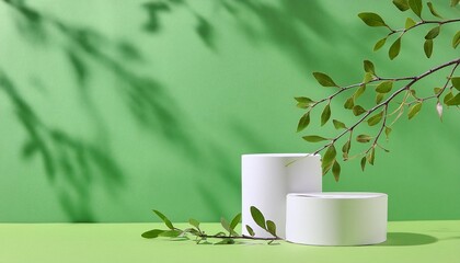 Canvas Print - 3d podium display on green background natural branch with leaves cosmetic beauty product promotion pedestal with tree shadow natural showcase abstract minimal studio 3d render