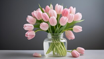 Canvas Print - simple glass vase with bouquet of pastel pink spring tulip flowers isolated with transparent background created using generative ai