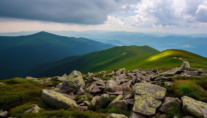 Wall Mural - alpine grassy hills with stones and boulders carpathian landscape of ukraine on a cloudy summer day mountainous scenery with view in to the distant valley