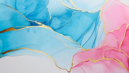 Poster - abstract blue and pink marble texture watercolor background on paper with gold line art