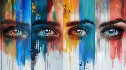 A painting of four eyes with different colors and shades