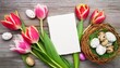 easter greeting card with tulips and eggs