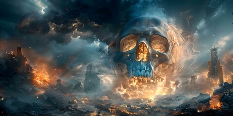 Wall Mural - Gateway to the Demonic Lord: Giant Skull in a Fiery Underworld Landscape of Destruction. Concept Fantasy, Demonic Lord, Giant Skull, Underworld, Destruction