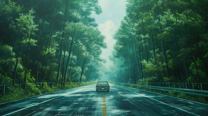 Wall Mural - A car is driving down a road in a forest
