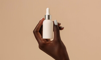 Wall Mural - black diverse female woman hand holding empty blank white bottle dropper gentle skin care product mo
