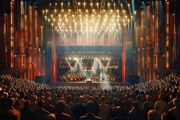 Leinwandbilder - A crowd of individuals gathered on a stage, possibly during a live performance or music event at a concert hall. Generative AI