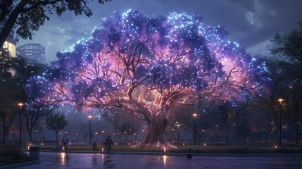 Poster - Futuristic urban park with digital trees and interactive light installations.