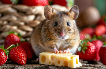 Wall Mural - Small decorative mouse sits near large piece of cheese and strawberries