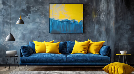 A blue couch with yellow pillows sits in front of a yellow wall. Modern luxury interior design