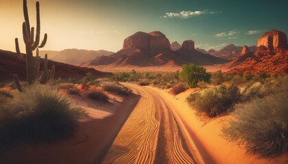 Wall Mural - ai generated ai generative sand desert hot dirty road path outdoor arizona western nature landscape background road trip travel adventure explore vibe graphic art