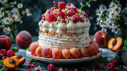   A close-up of a cake on a plate with fruit adjacent to it and flowers behind it