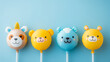 © Nonna - Four cartoon animal balloons in a row against a light blue background. Copy space.
