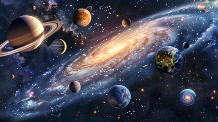 Wall Mural - Planets of the solar system against the background of a spiral galaxy in space. national asteroid day