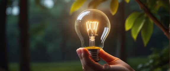 Hand holding light bulb against nature on orange leaf with energy source, Outdoor Tropical senior travel and camping alone at natural park in Thailand. Recreation and journey outdoor activity lifestyl