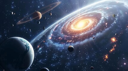 Wall Mural - Planets of the solar system against the background of a spiral galaxy in space. national asteroid day