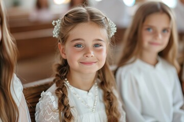 Wall Mural - First communion joy - heartwarming moments of young believers in white dresses, celebrating this sacred Christian sacrament with faith, purity, spirit of spiritual growth in memorable church ceremony.