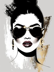 Wall Mural - A woman stands wearing sunglasses and a white shirt against a golden and black painting backdrop