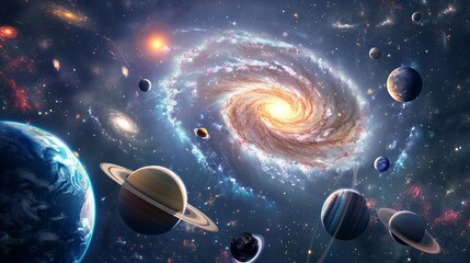 Wall Mural - planets of the solar system against the background of a spiral galaxy in space. national asteroid da