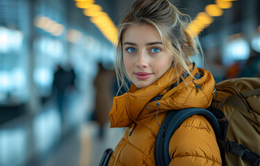 Wall Mural - Young girl with backpack is standing in the airport hall.