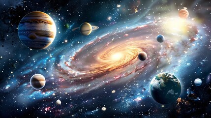 Wall Mural - Planets of the solar system against the background of a spiral galaxy in space. national asteroid day
