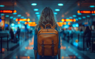 Wall Mural - Young woman traveler with backpack standing on the background of the airport hall and looking at the flight information board.