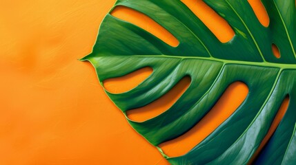 Wall Mural - Green monsters leaf on bright orange background