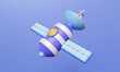 Satellite with solar cell panels on purple background. technology  universe research internet network communication telecommunication concept. radar antenna astronomical cosmos. 3d rendering elements