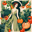Young beautiful woman in a green dress posing among vegetables and plants. Generative AI