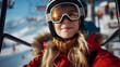 Skier with reflective goggles on ski lift, winter leisure. Woman in ski lift, joyful ride in snowy mountains. Young woman enjoying ski resort lift, clear winter day