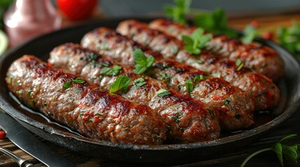 Wall Mural -   A pan filled with meat coated in ketchup and garnished with a green leafy garnish