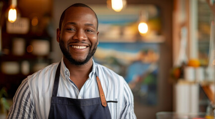 Wall Mural - Black man, portrait and happy in coffee shop for business, customer and hospitality. Barista, smile and new owner in cafe store or restaurant for entrepreneurship, startup and excellence in job