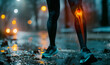 Active sporty man during night rainy day jogging suffering from pain in knee. Runner knee injury and pain with leg bones visible. Tendon problems and Joint. Health care in Orthopedic branch concept.
