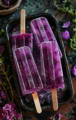 Wall Mural - Purple popsicles on tray with flowers