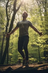 Canvas Print - Sportsman does morning exercises against the backdrop of a spring forest,