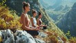 Cheerful women meditating in the mountains
