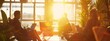 © SKIMP Art - A group of people are sitting in an office, talking and working on laptops as silhouettes with sun light coming through the window Generative AI