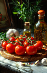 Wall Mural - Tomatoes and olive oil on wooden table