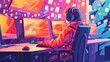 © Vuk - A dynamic and vibrant illustration of a digital artist's workspace with multiple screens and bright colors