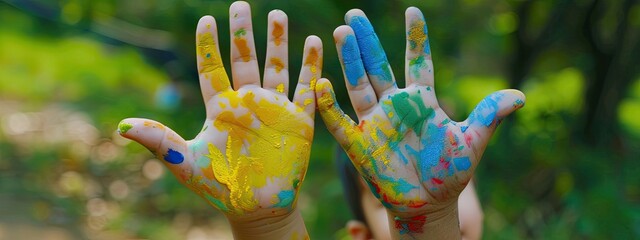 Wall Mural - children's hands in paint close-up. selective focus