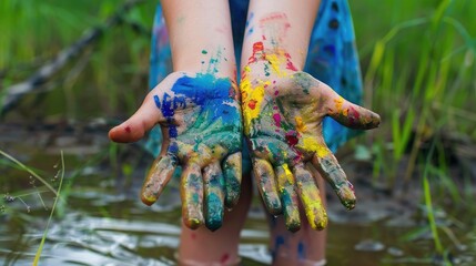 Wall Mural - children's hands in paint close-up. selective focus