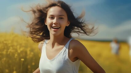 Sticker - Woman with long hair is running through field of yellow flowers