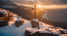 Stunning Snowy Mountain Panorama With Sunrise And Clouds, Panoramic Zoom, Christian Cross On The Rocks, Concept Of Faith And Religion Everywhere