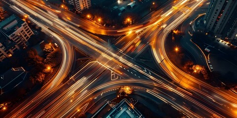 Wall Mural - Aerial View of Busy Asian City Highway at Night. Concept Nighttime Cityscape, Urban Traffic, Aerial Photography, Asian Metropolis, Illuminated Highways