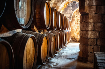 Wall Mural - Wine barrels stacked in the old cellar of the winery