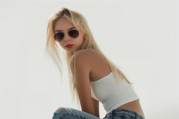Wall Mural - Blonde Fashionista in Stylish Sunglasses. Generative AI.