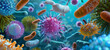 Various microorganisms, including bacteria and viruses, headed by the coronavirus